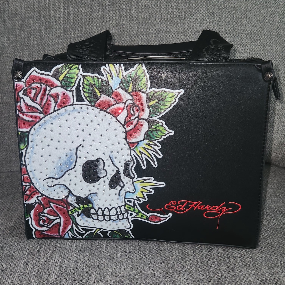 Ed Hardy -Sparkling Skull and Roses Women's Black Crossbody Bag